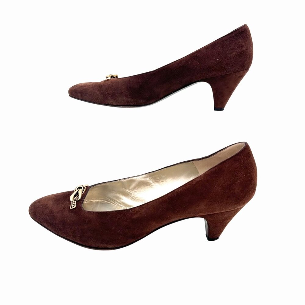 VINTAGE BRUNO MAGLI 80'S BROWN SUEDE PUMPS w GOLD METAL DETAIL ITALIAN 8 (7) - Picture 5 of 12